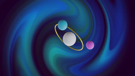 spheres and ring rotating over glowing green and blue lights on black background