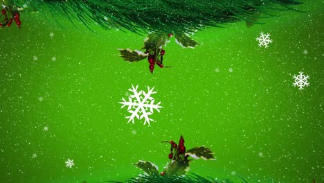 Animation-of-snow-falling-over-christmas-wreath-on-green-background