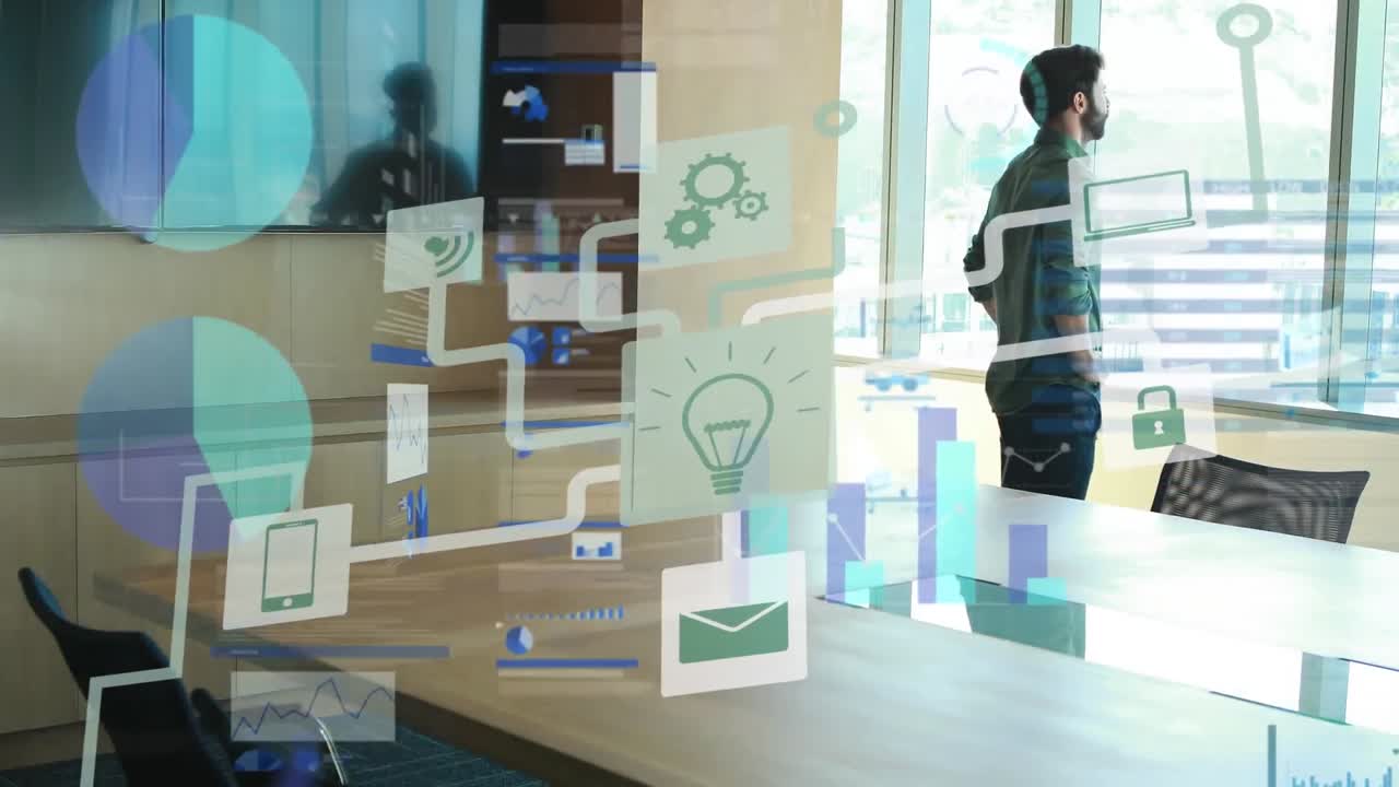 animación del procesamiento de datos estadísticos sobre un hombre caucásico mirando por una ventana en la oficina.