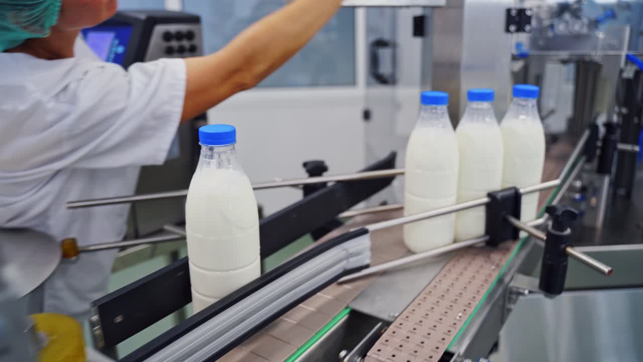 Milk bottles on a conveyor line. Bottles with white milk and blue lids moving on automated conveyor belt in a modernized dairy plant.