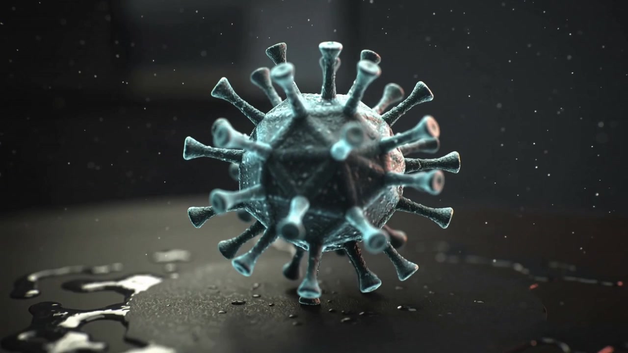 Camera push causing rotating 3D viral particle showing spikes above wet table, drifting dust
