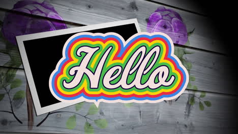colorful hello animation over floral background with wooden texture and red accents
