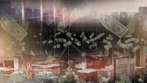 vista aérea de la ciudad con dinero cayendo