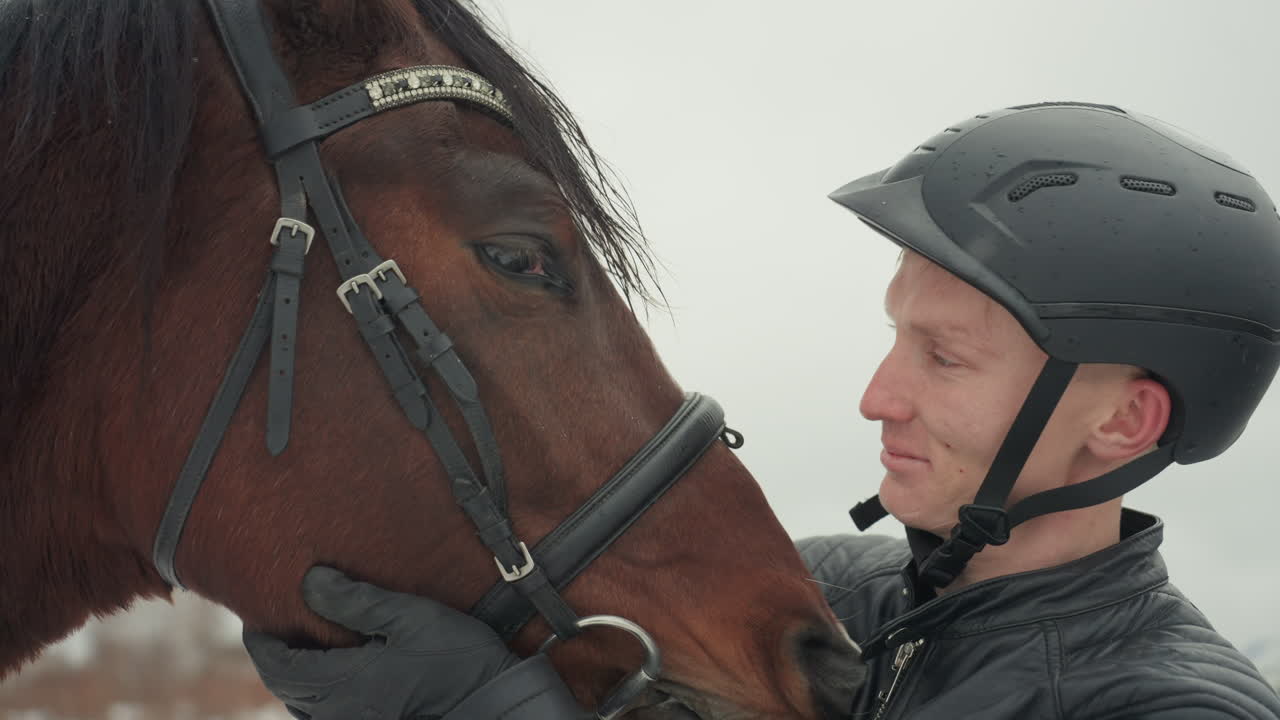 Primo piano di uomo caucasico e cavallo, addestratore invernale accarezza delicatamente la briglia mentre indossa casco e guanti, trasmettendo fiducia e addestramento in una lezione all'aperto in tandem vicino a un campo innevato, atmosfera intima e calma.