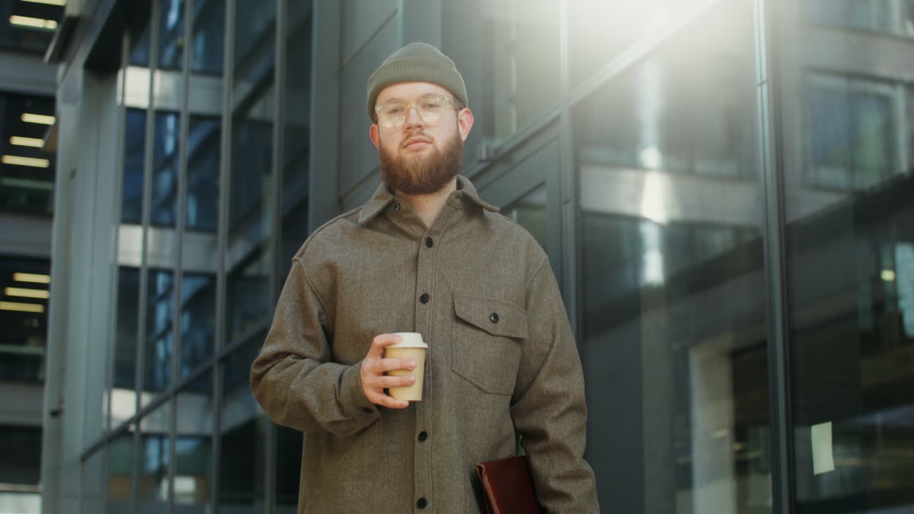 hombre con café y portátil en la calle de la ciudad