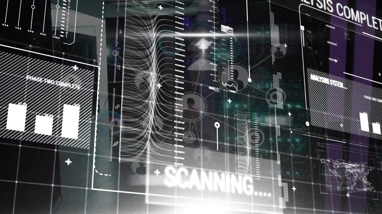 Animation of digital shield over cityscape and digital dna strand