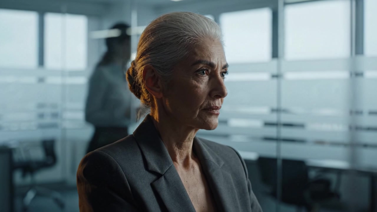 A Reflection of Strength: An Insightful Portrait of an Experienced Woman in a Modern Office Setting, Capturing Resilience and Wisdom Through a Thoughtful Expression