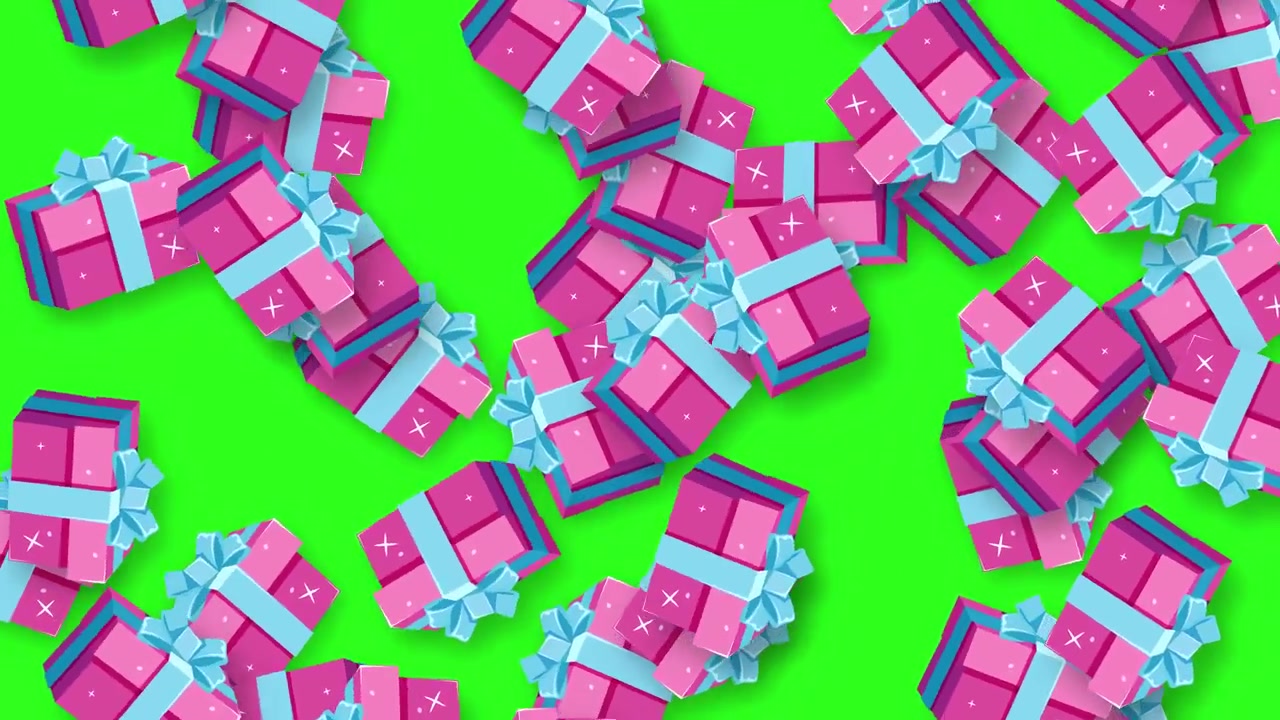 Animated pink gift boxes with blue ribbons continuously fall against a bright chroma green background.