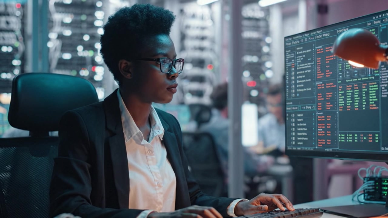 Focused professional analyzing data in a high-tech environment with servers in the background, showcasing expertise in technology and data management.