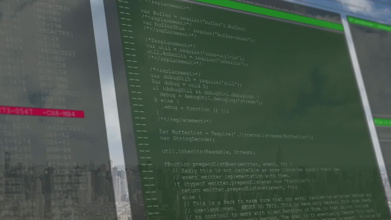 animación del procesamiento de datos en pantalla sobre el fondo del paisaje urbano