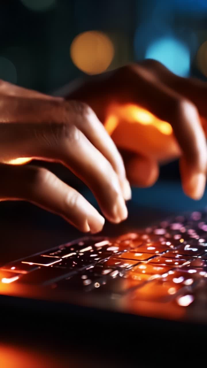 Focused Hands Typing on a Backlit Keyboard at Night, Highlighting Digital Connectivity and Technology in a Dynamic and Illuminated Environment