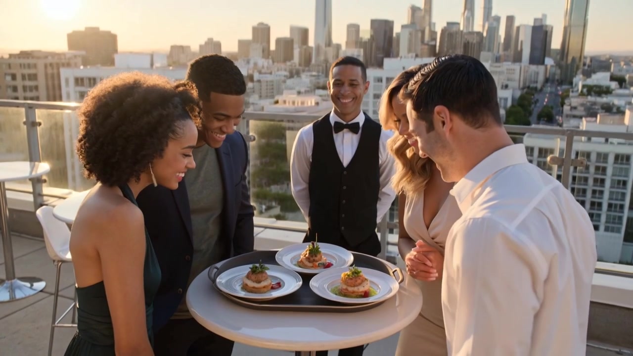 Coming server placing tray on roof table, guests in evening wear leaning and checking three plates