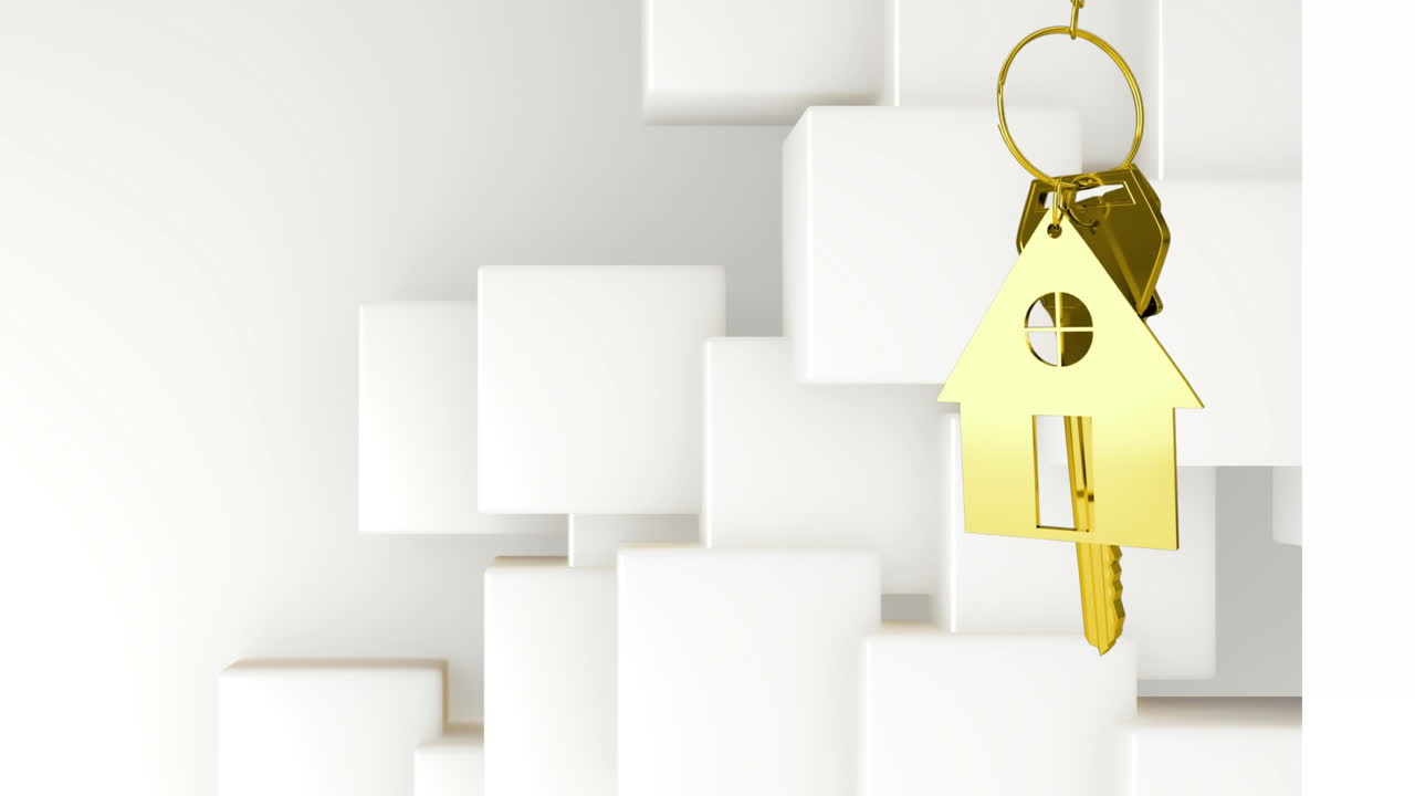 animación de llave de la casa de oro y llave sobre cubos sobre fondo blanco