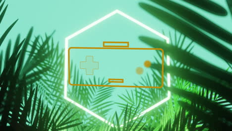 animación del controlador de videojuego sobre hexágono, hojas y fondo verde brillante