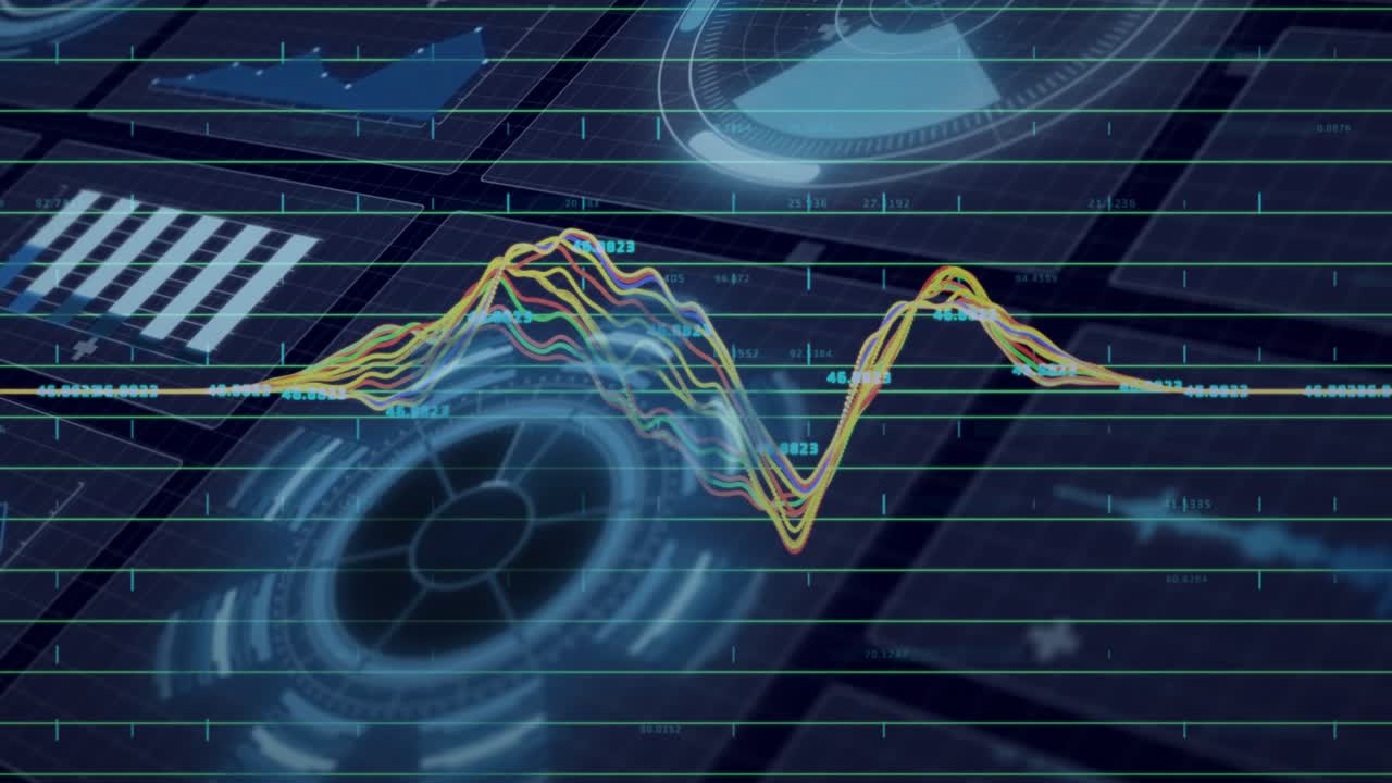 HUD pulsing, multicolored waveforms rising, splitting, peaking center-right, settling, showing data