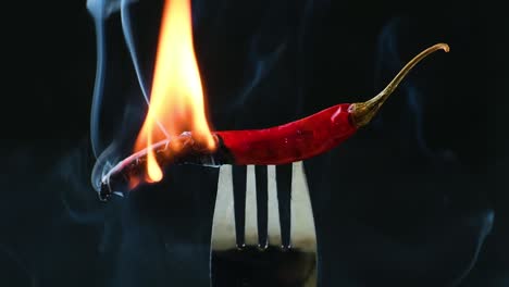 dramatic zoom into a smoking hot flaming indian red pepper, cayenne pepper, on the tip of a fork