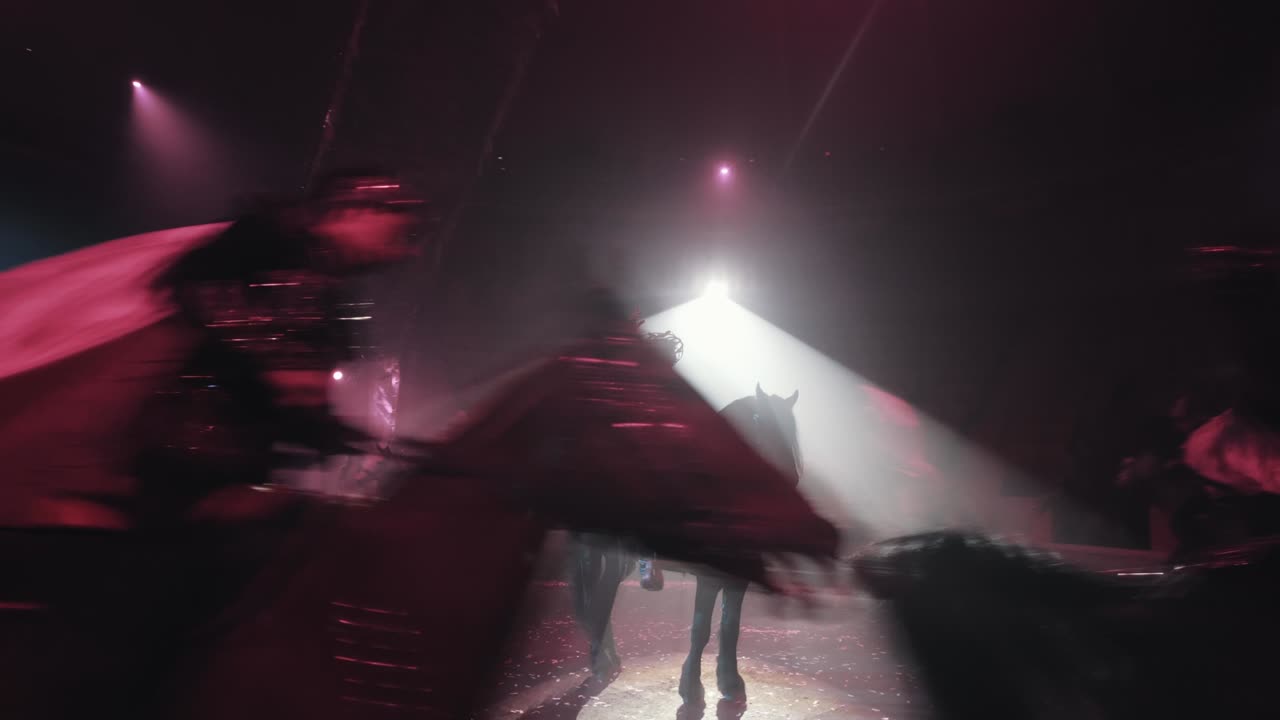 jinetes en hermosos caballos de pura sangre corren alrededor de la arena del circo en focos, abrigos de lluvia revoloteantes, cámara lenta, primer plano.