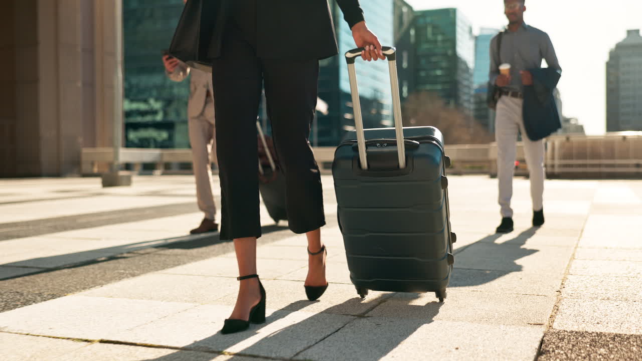 Business, legs and luggage for travel in city