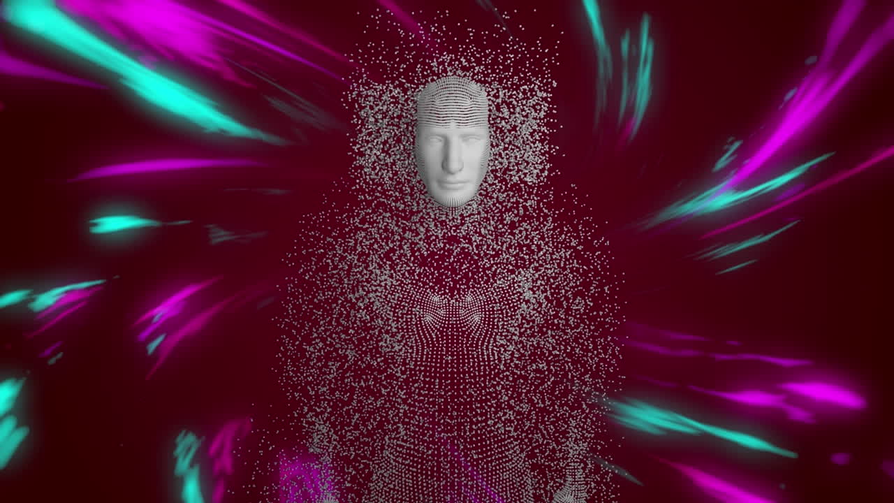 Animation of digitally generated human body over moving illuminated abstract patterns