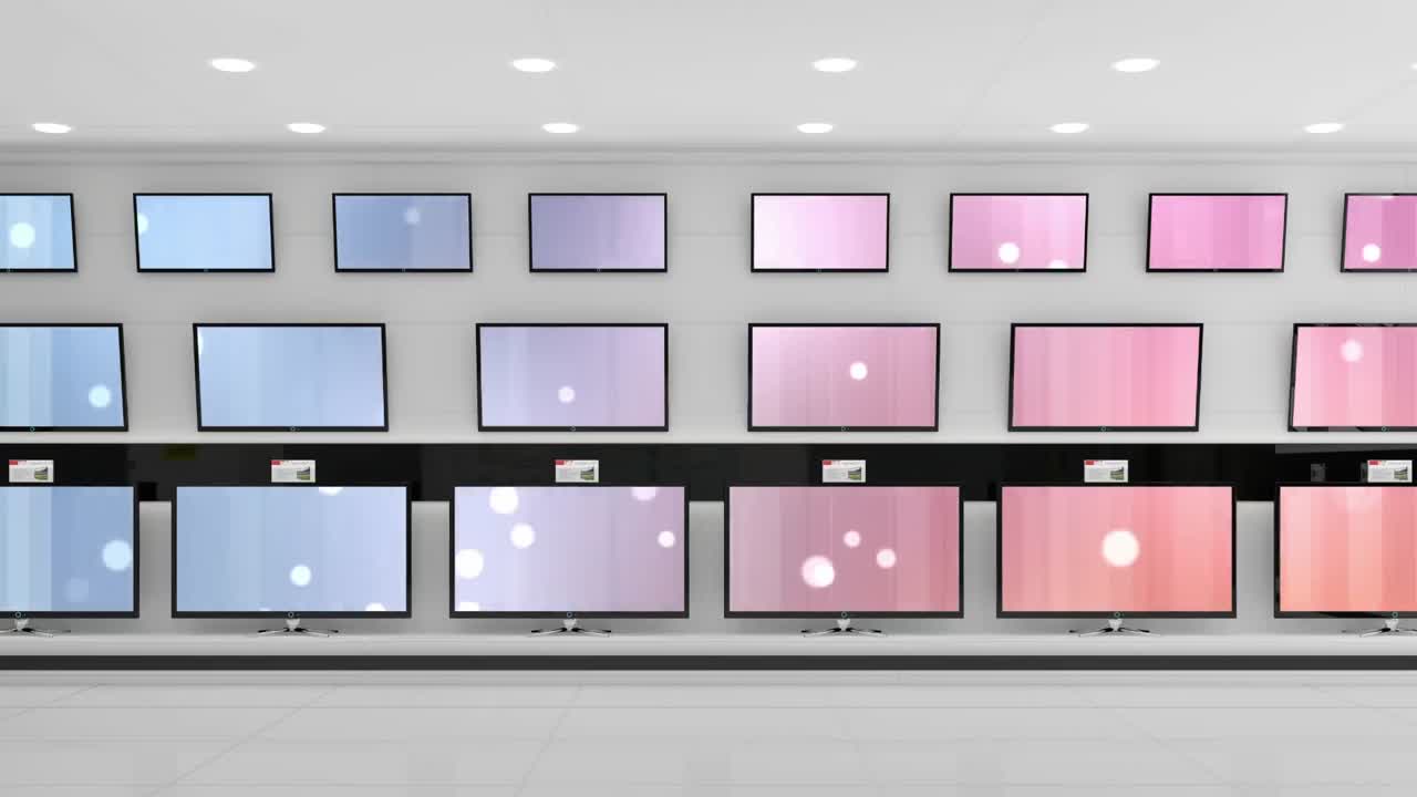 복사 공간과 함께 반 ⁇ 이는 화면과 함께 상점에 있는 텔레비전 세트의 행의 애니메이션