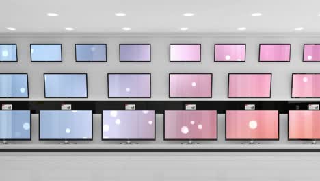 Animation-of-rows-of-television-sets-in-store-with-glowing-screens-with-copy-space