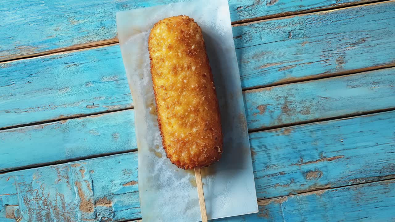 막대기 위 에 있는 한 긴 옥수수 강아지 의 클로즈업