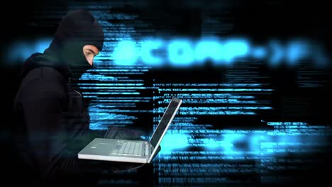 animación digital de un hacker usando el portátil en el centro de datos 4k