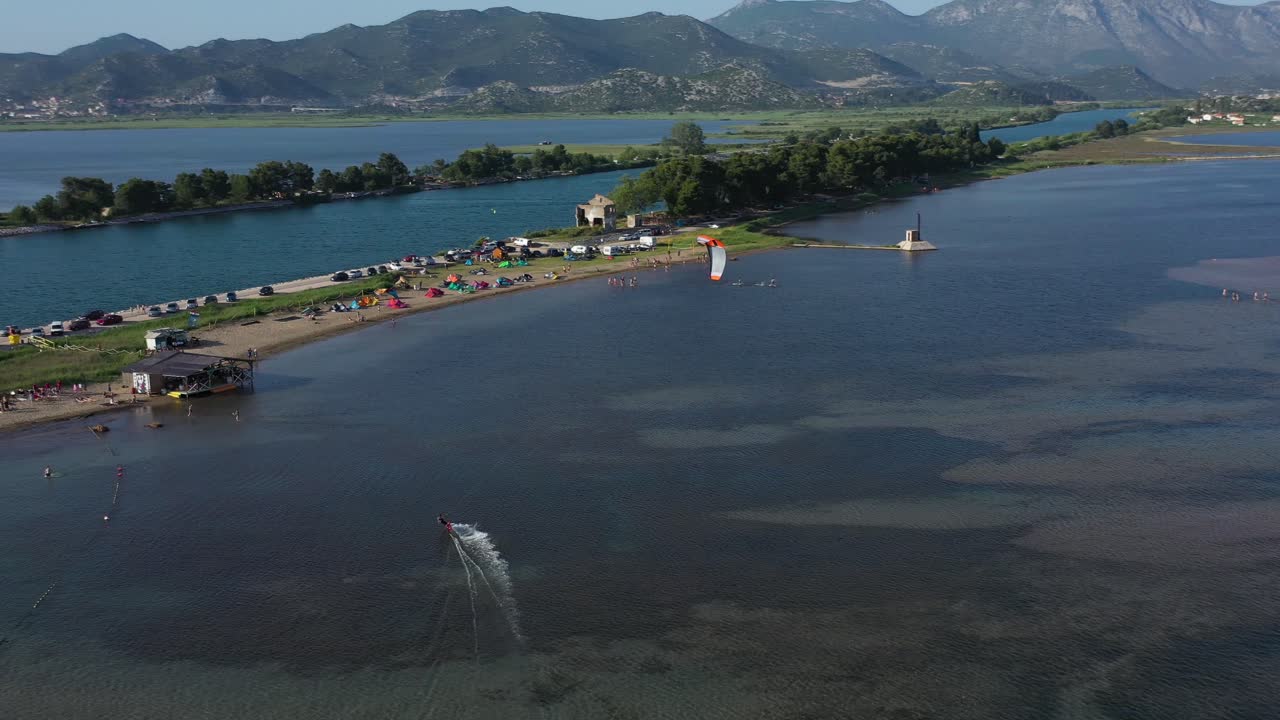 Kite Surfing on Neretva Valley, Adriatic Sea - Aerial Drone View