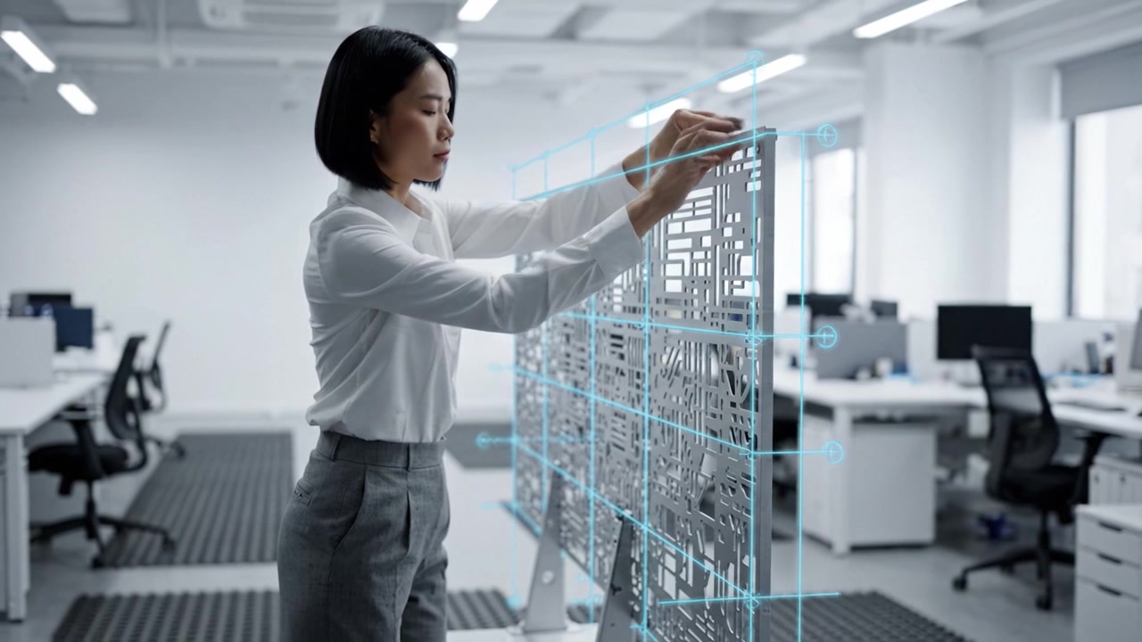 A Professional Woman Adjusts Office Design Elements in a Modern Workspace, Combining Functionality and Aesthetics for Enhanced Work Environment Atmosphere