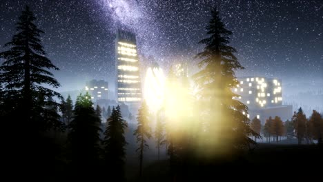 city skyscrapes at night with milky way stars
