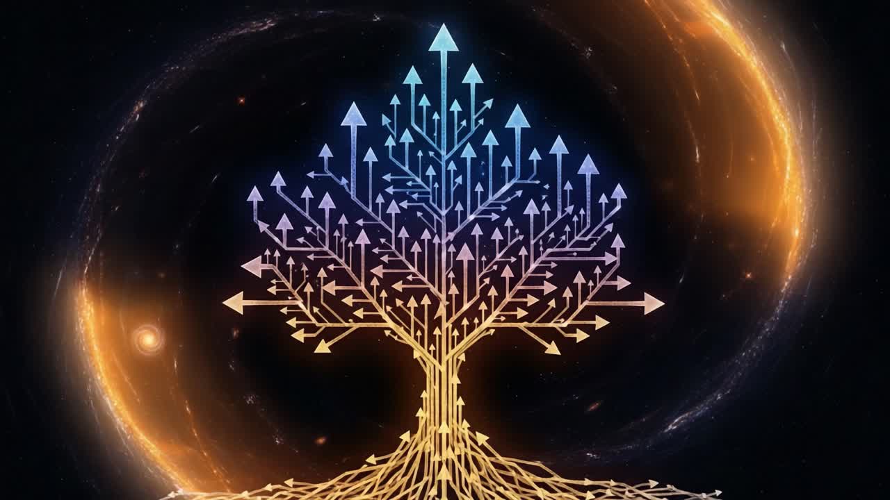 A Visually Captivating Tree of Directional Arrows Against a Cosmic Background Depicting Growth, Potential, and the Infinite Paths of Life Essentials