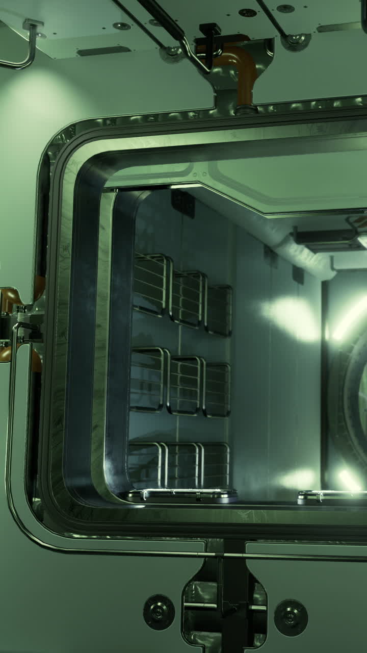 Vista di una macchina futuristica con luci luminose e dettagli metallici in un laboratorio