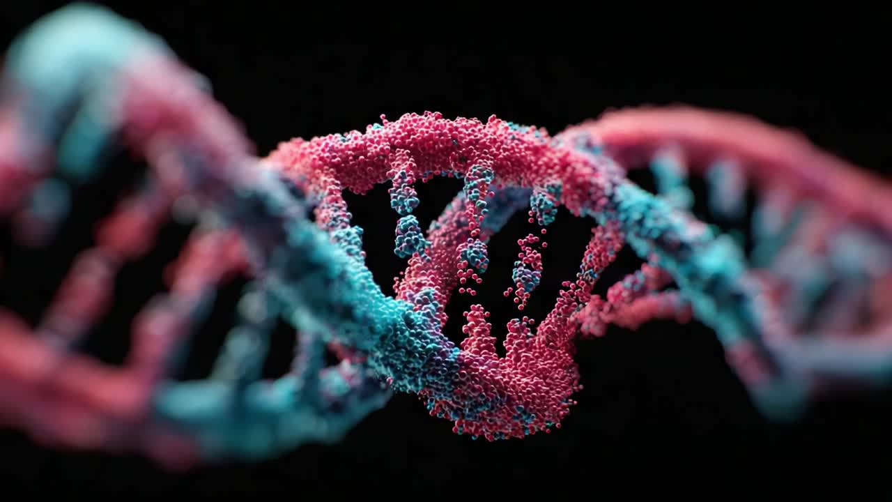 Esplorazione della struttura complessa del DNA: una visualizzazione dettagliata della doppia elica con colori vivaci che rappresentano il materiale genetico e le dinamiche molecolari