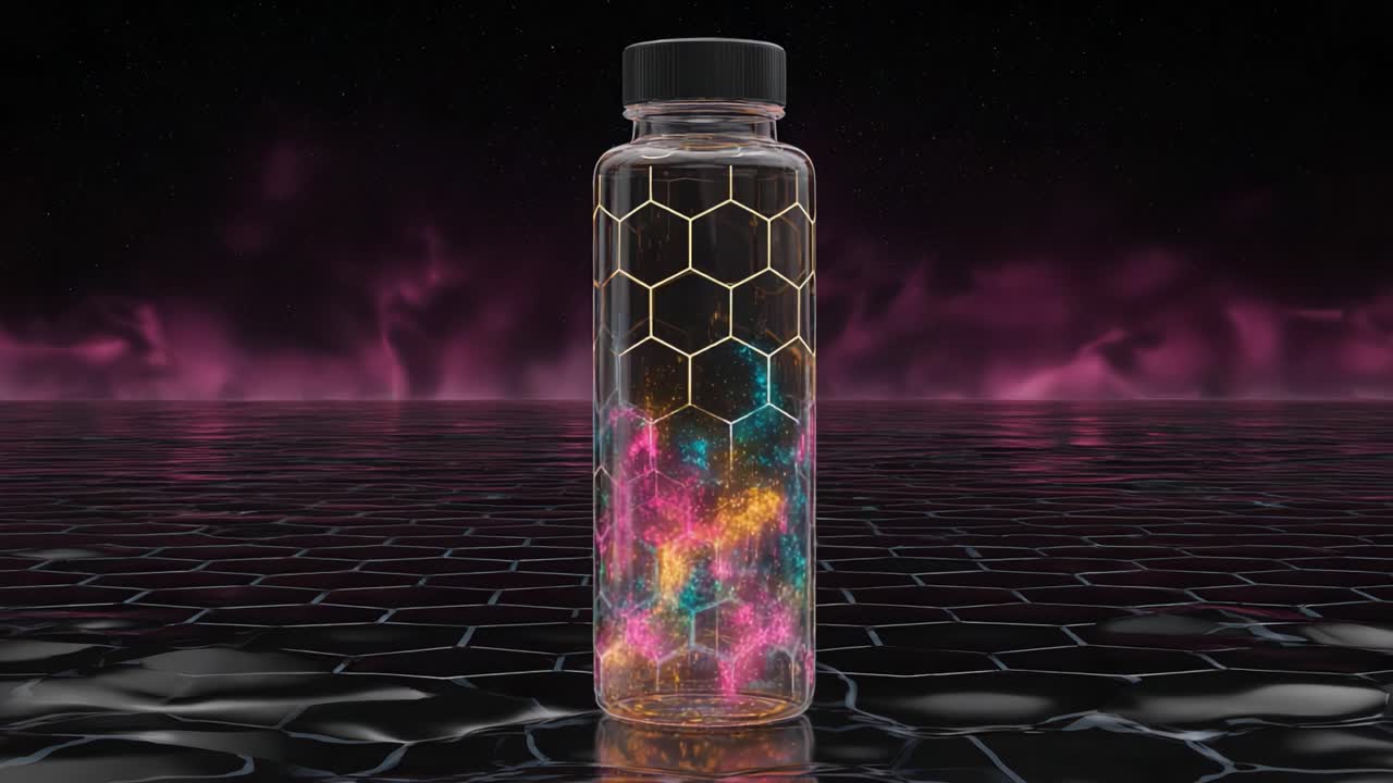 A Fascinating View of a Hexagonal Patterned Bottle Captures Vibrant Cosmic Colors, Merging Science and Art in a Stunning Display of Creativity and Imagination