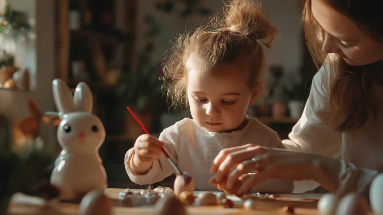 Child Painting Easter Eggs with Mother