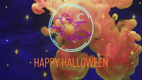 animation of happy halloween text and blue and orange background