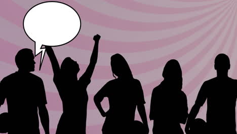 animation of supporters silhouettes with speech bubbles over shapes on pink background