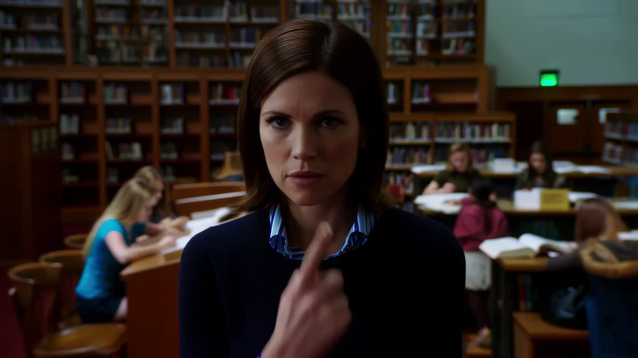 Woman signaling silence in a library