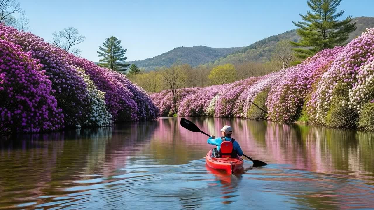A Serene Kayaking Experience Through Vibrant Flower-Laden Banks, Where Nature's Beauty Shines in a Picturesque Waterway Surrounded by Lush Mountains and Blooming Rhododendrons