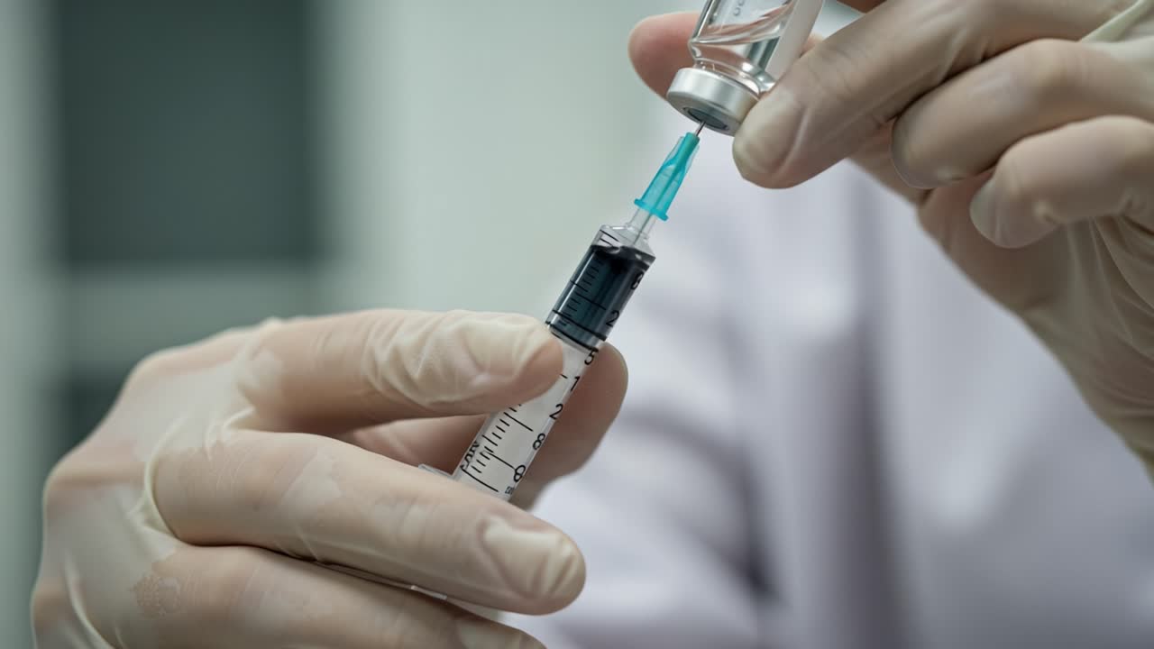 A Healthcare Professional Preparing a Syringe with Liquid Medication from a Vial, Highlighting the Important Steps in Safe Medical Procedures and Administration
