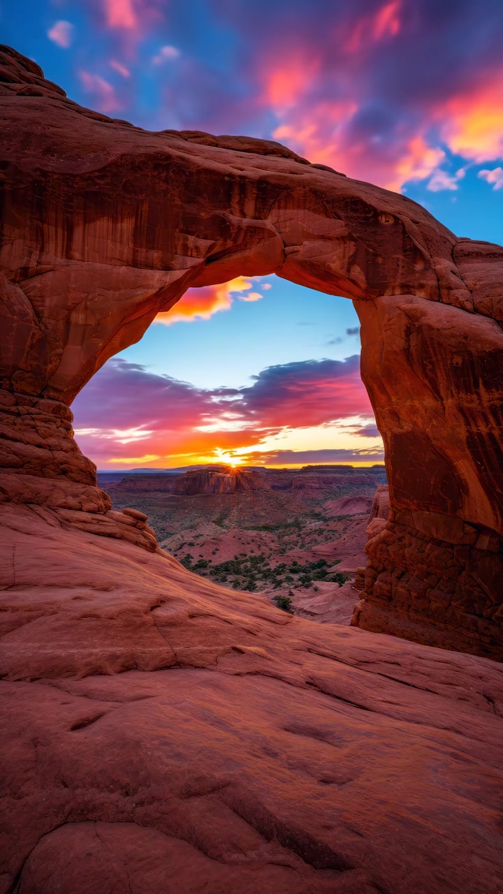 Rekaman Selang Waktu Matahari Terbenam Melalui Delicate Arch di Taman Nasional Arches