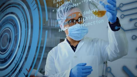 animation of loading circles, computer language, caucasian scientist wearing mask examining liquid