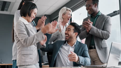 winner, success and business people on laptop