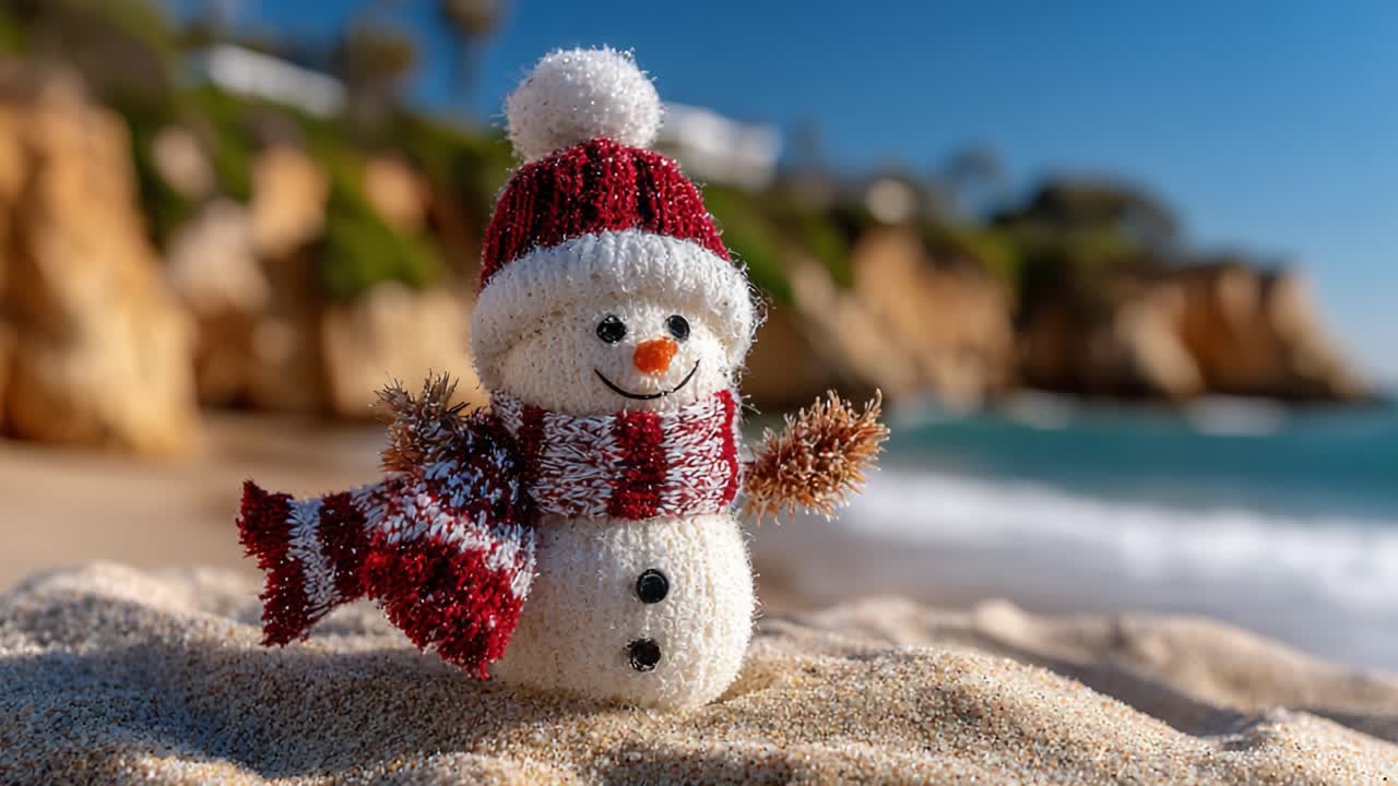 A Cheerful Knitted Snowman Enjoying a Sunny Day on the Beach Amidst Sandy Shores and Lapping Waves