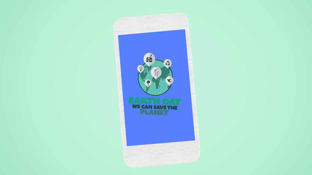 Animation of ecology earth day text and globe logo over smartphone screen on green