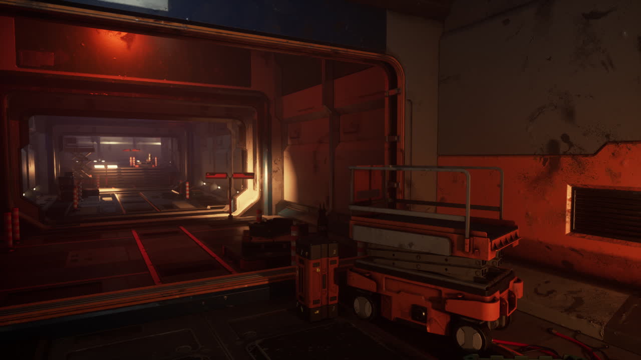 Futuristic spaceship corridor with a maintenance platform