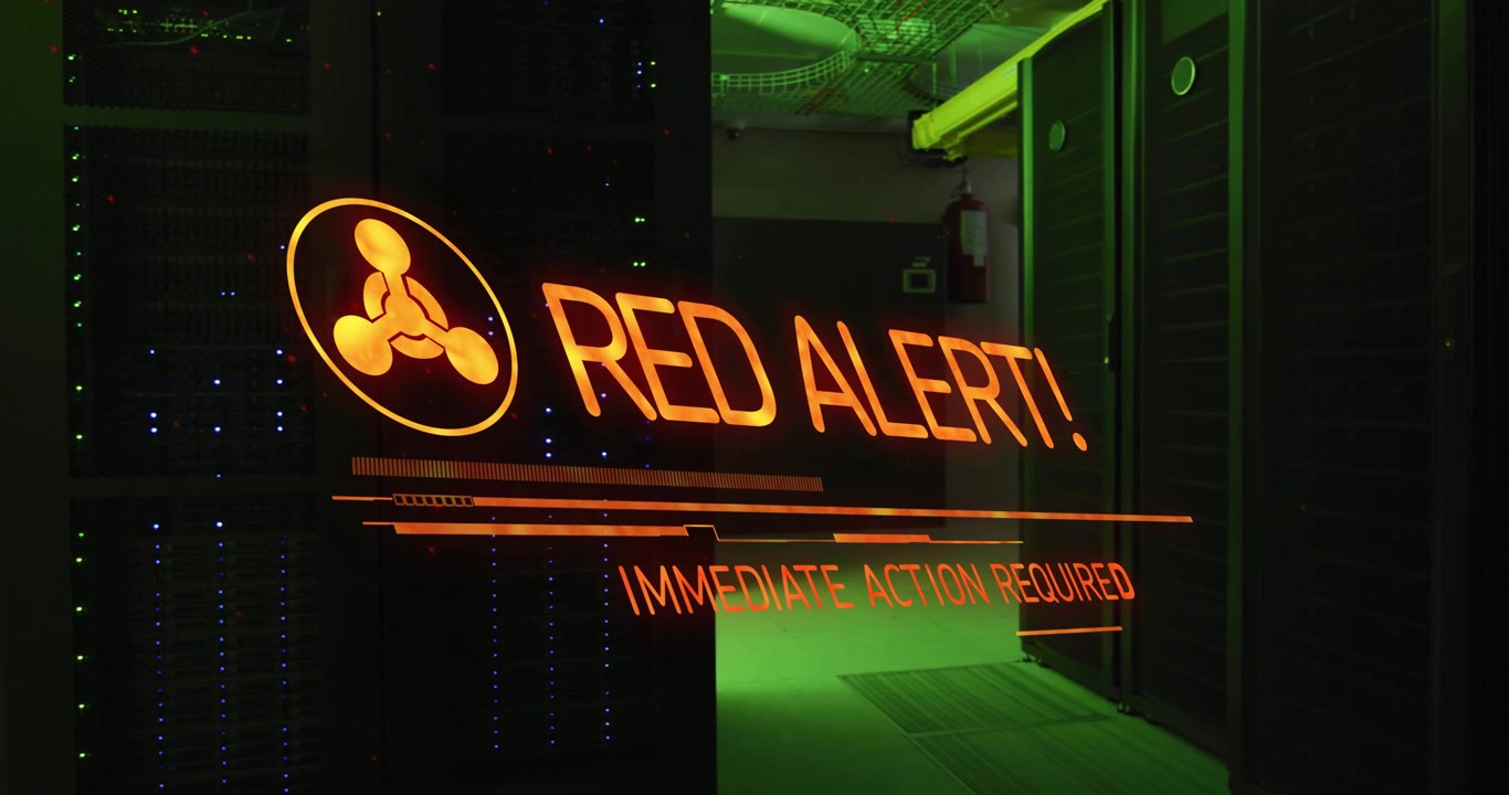 Vertical video: Orange HUD sliding in becoming RED ALERT with bars over data center urging action