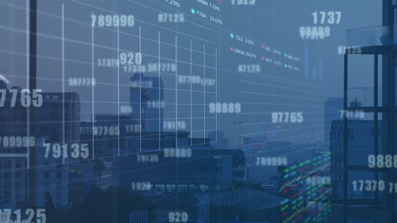 animación del procesamiento de datos del mercado de valores y cambios de números contra edificios altos