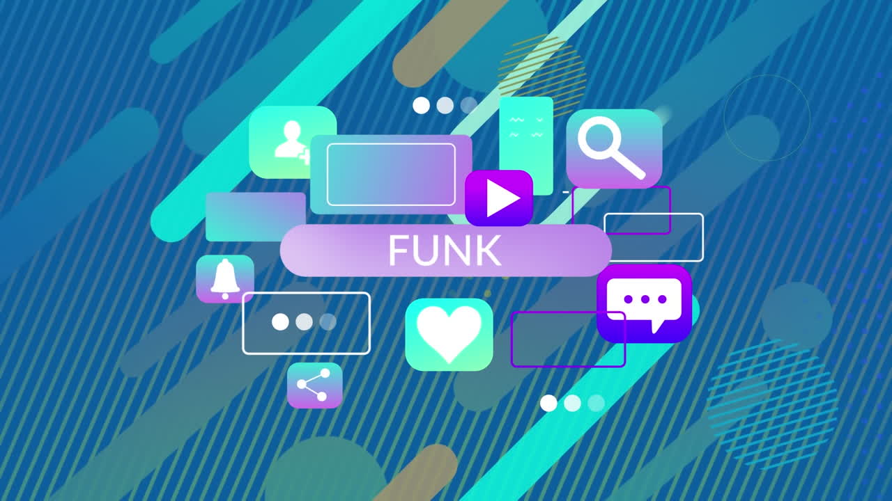 파란색 배경에 아이콘과 모양을 가진  ⁇ 크 텍스트의 애니메이션