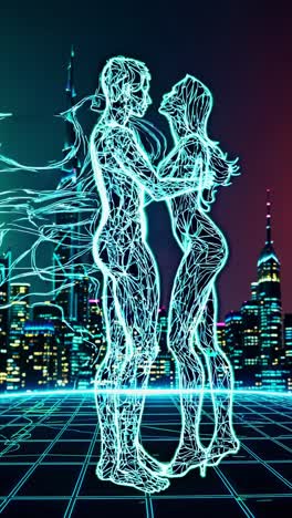 una pareja besándose en un paisaje urbano futurista